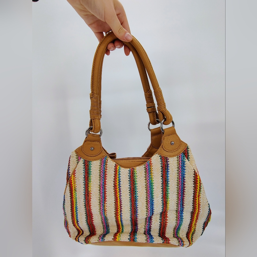 Rosetti Colorful Vibrant Striped Braided Shoulder Bag with Tan Accents - Picture 2 of 5